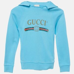 Gucci Kids Blue Logo Print Cotton Distressed Hoodie 6 Yrs